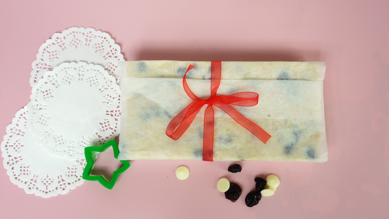 White Christmas Slice wrapped with a ribbon