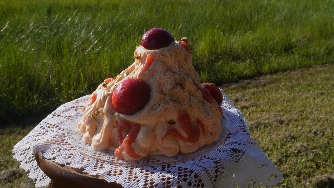 Unconventional Cake with with a meadow in the background